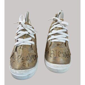 Gold Canvas Sneakers With Bible Verses & White Laces Size 7